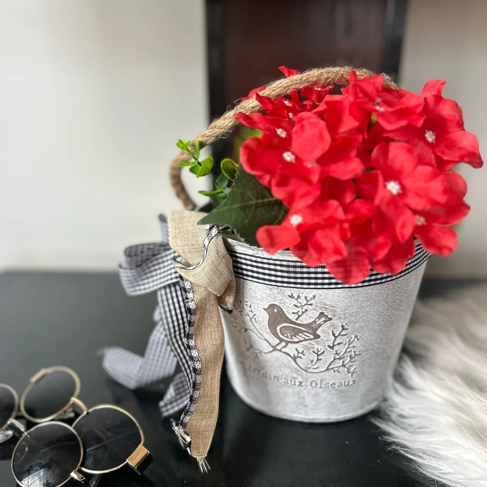 Charming Red Floral arrangement boho bow Bucket by new